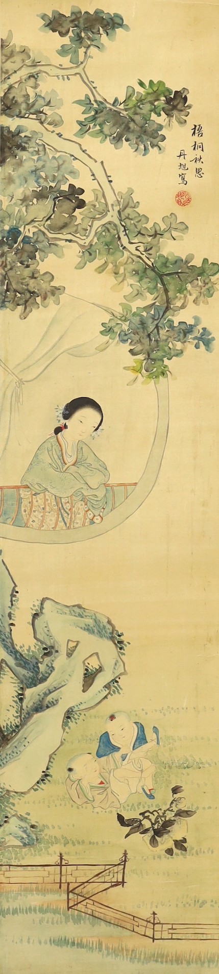 A Chinese scroll painting on silk of a mother watching her children play in a garden, 19th century, image 95cm x 21cm